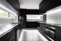 black and stainless kitchen with led lights